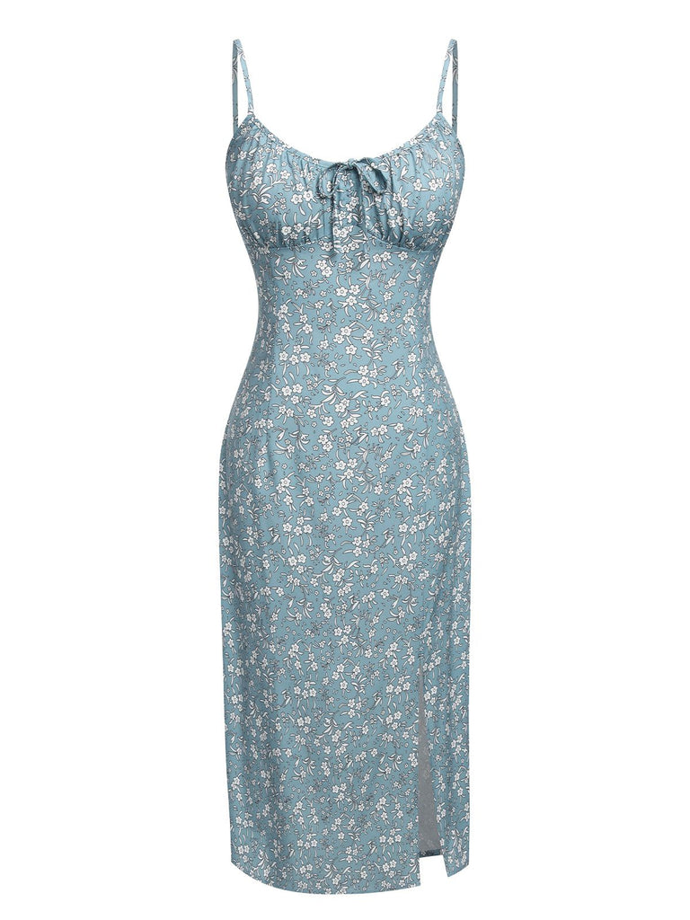 Robe bleu ciel à petites fleurs et nœuds des années 1960