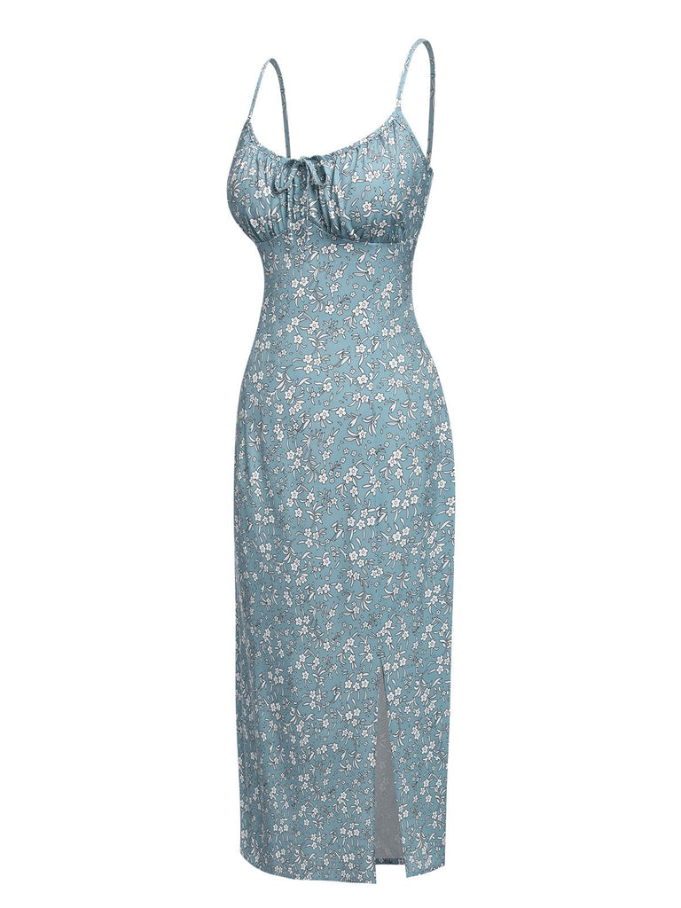 Robe bleu ciel à petites fleurs et nœuds des années 1960