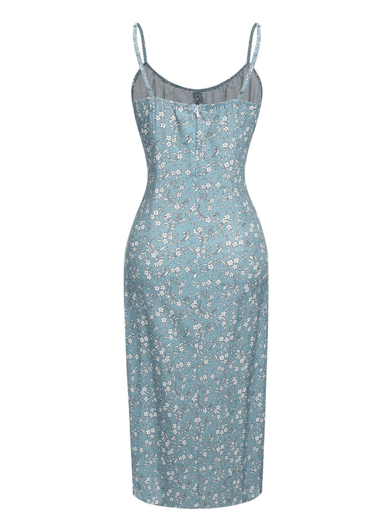 Robe bleu ciel à petites fleurs et nœuds des années 1960