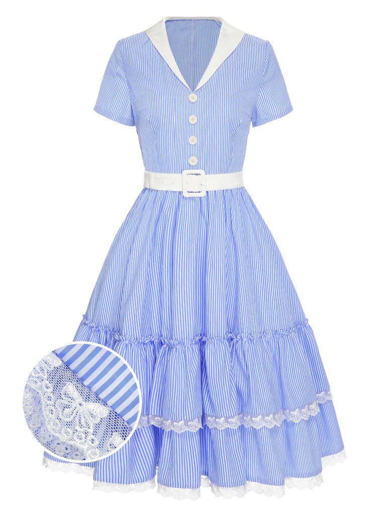 [Pré-vente] Robe en dentelle à revers à rayures bleues des années 1950