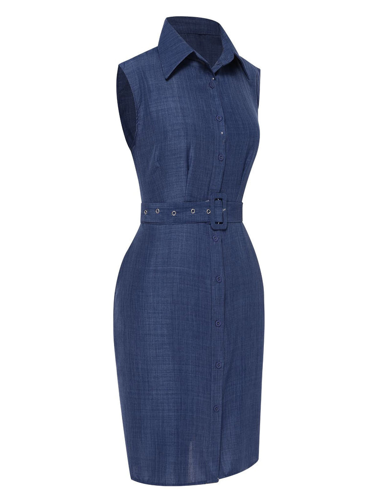 Robe bleue à revers sans manches avec ceinture des années 1960