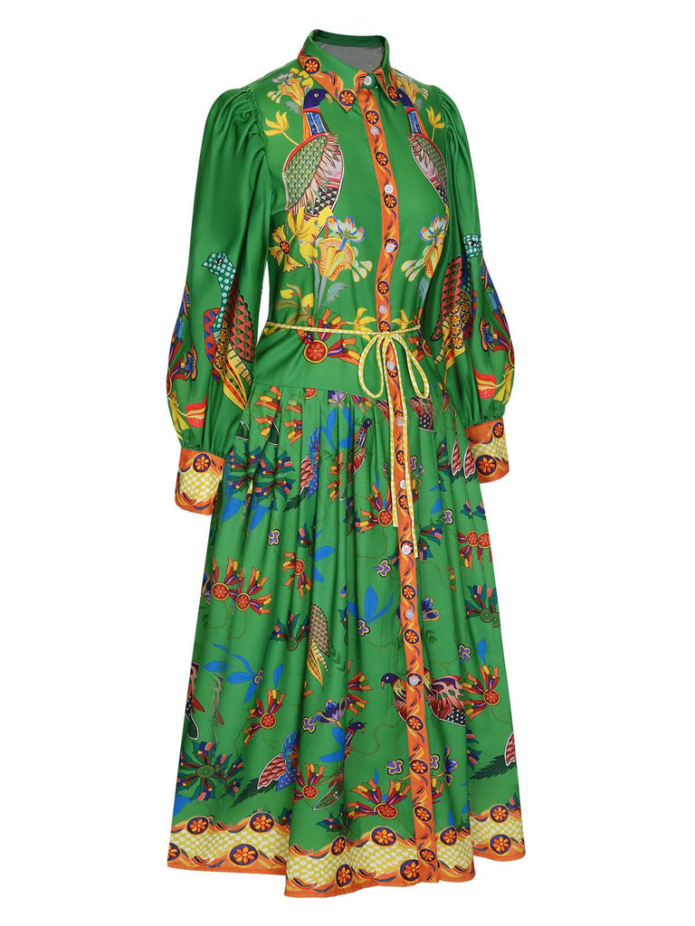 Robe chemise verte à manches lanternes style paon des années 1940