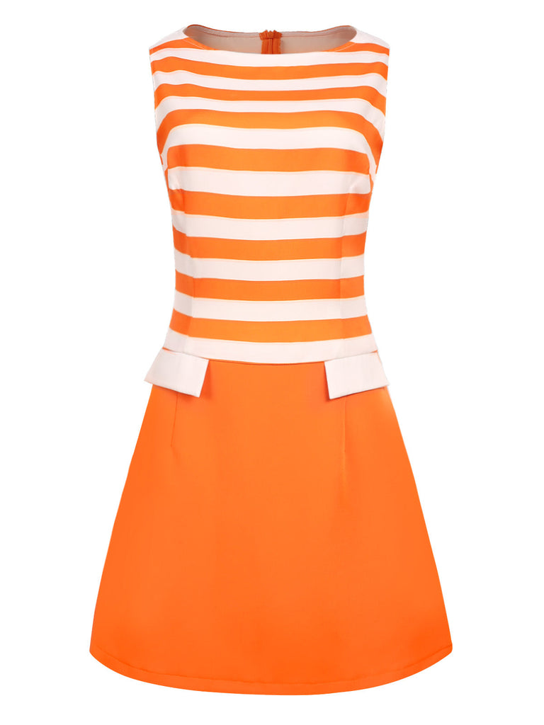 Robe orange à rayures taille basse des années 1960