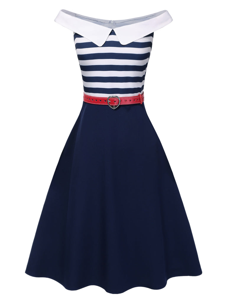 Robe à épaules dénudées rayée bleu foncé des années 1950