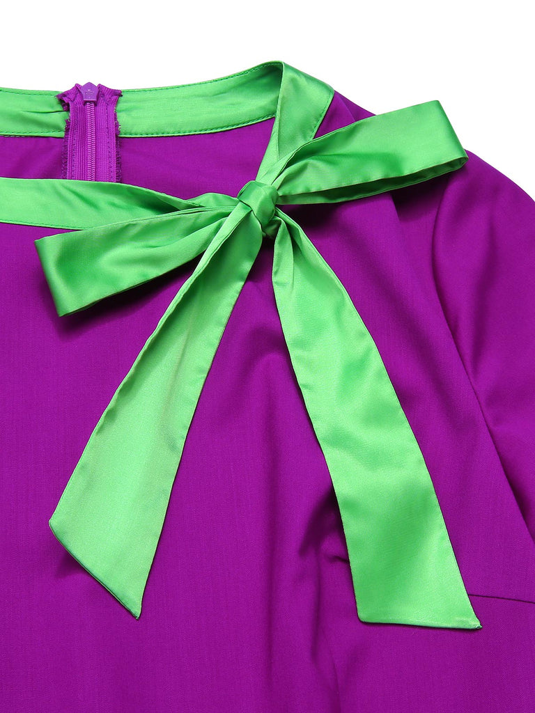 Robe violette unie à col noué des années 1950