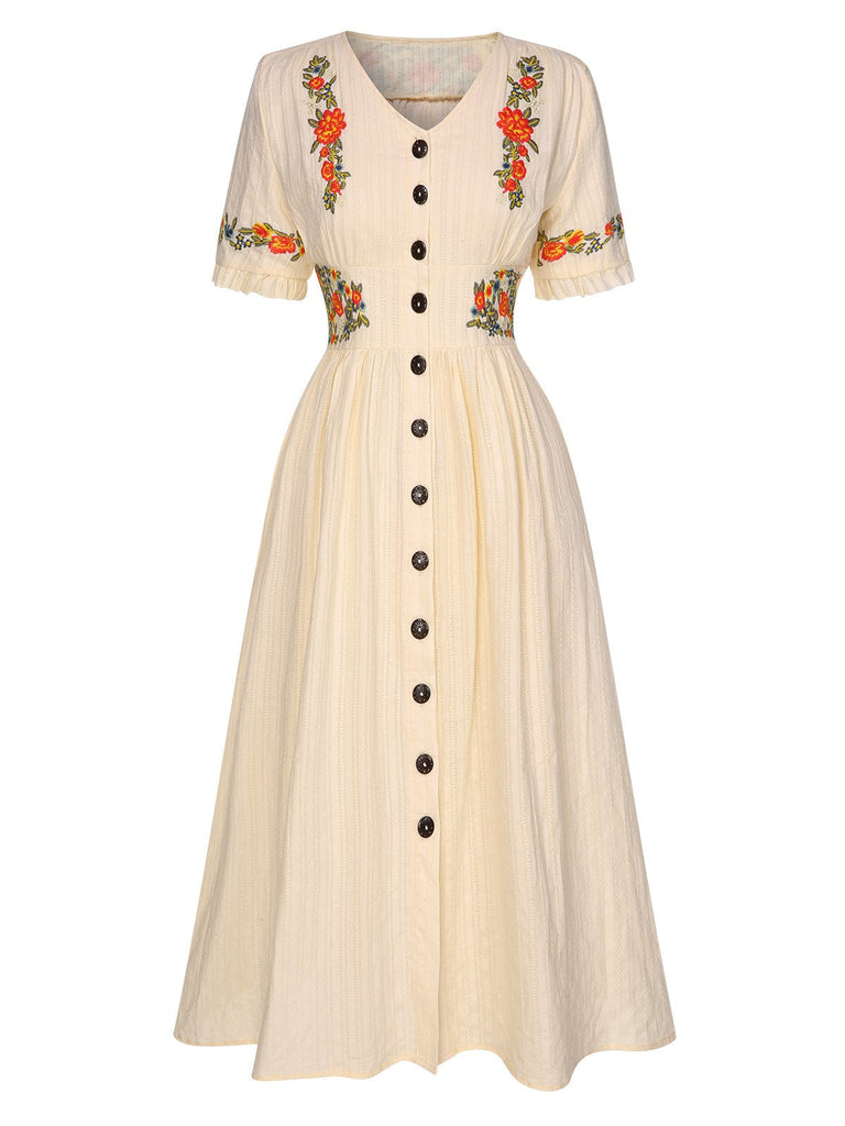 [Prévente] Robe fleurie brodée en coton noire à col en V des années 40