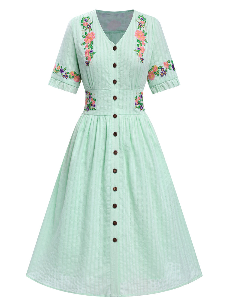 [Prévente] Robe fleurie brodée en coton noire à col en V des années 40