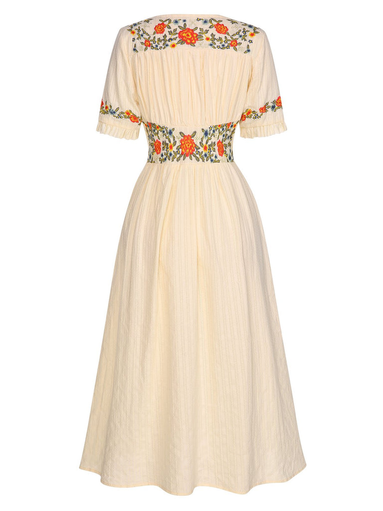 [Prévente] Robe fleurie brodée en coton noire à col en V des années 40