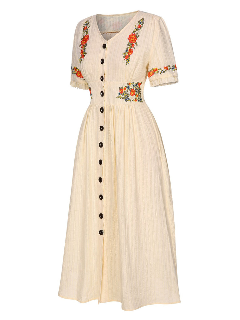[Prévente] Robe fleurie brodée en coton noire à col en V des années 40