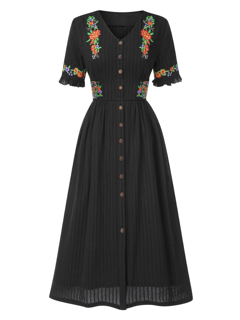 [Prévente] Robe fleurie brodée en coton noire à col en V des années 40