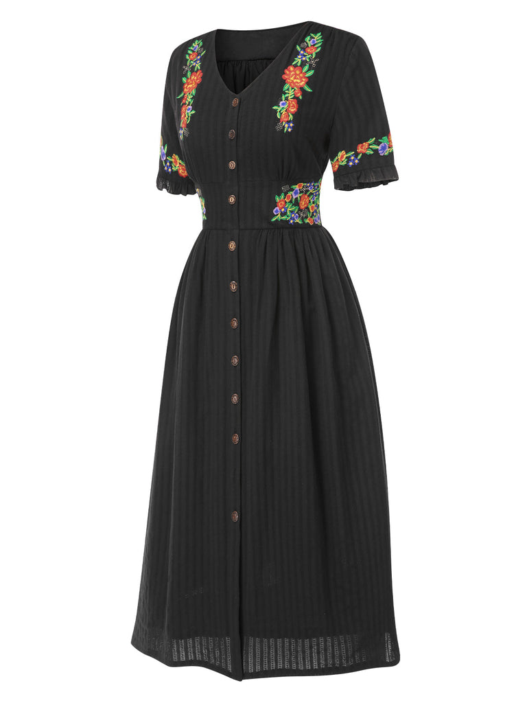 [Prévente] Robe fleurie brodée en coton noire à col en V des années 40