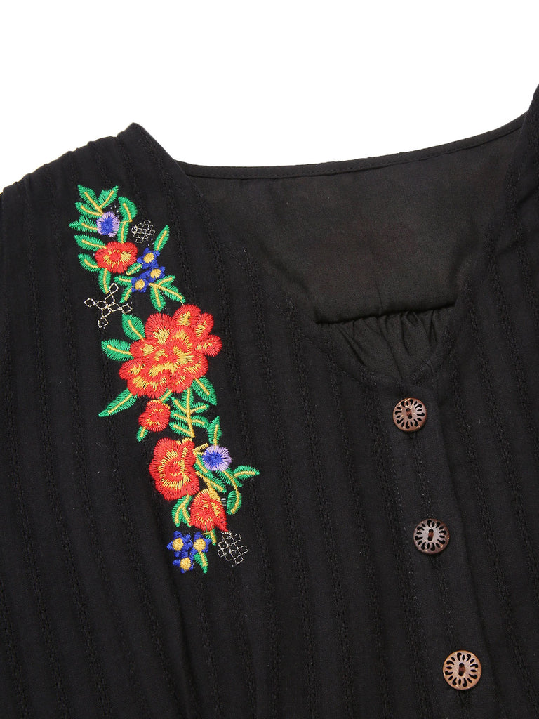 [Prévente] Robe fleurie brodée en coton noire à col en V des années 40