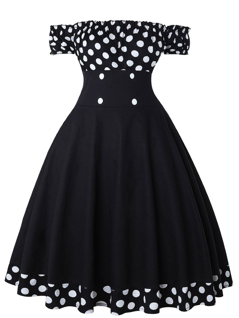 Robe noire à pois épaules dénudées des années 1950