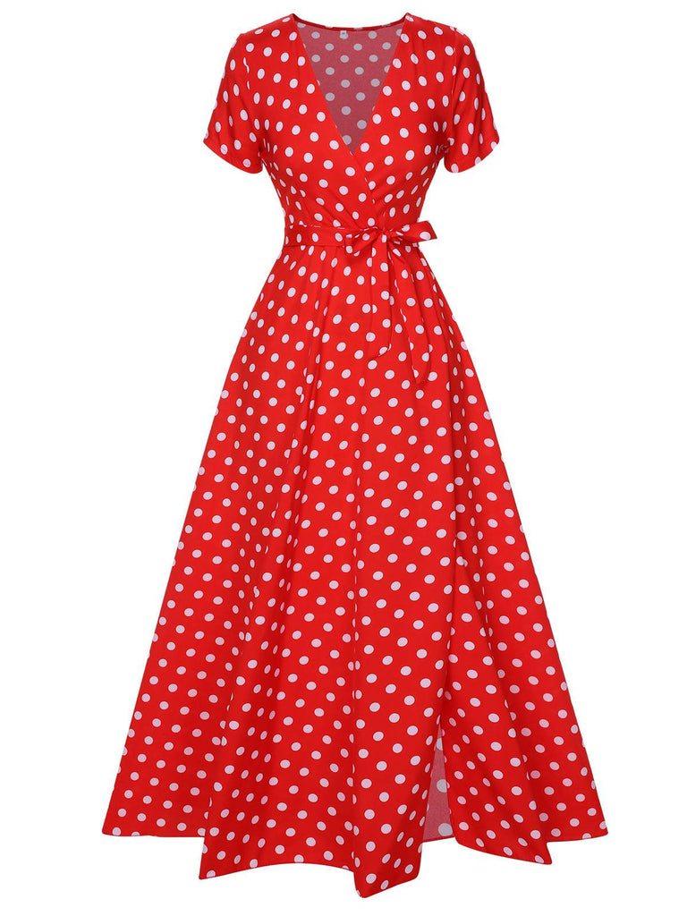 Robe à pois avec décolleté en V profond et fente latérale des années 1930