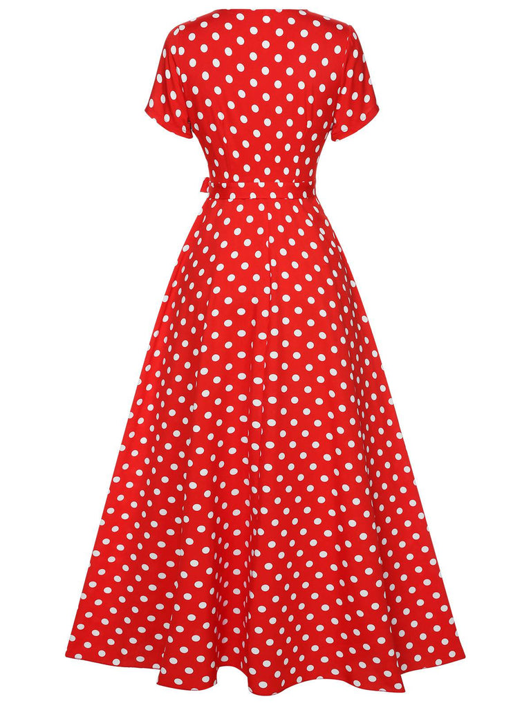 Robe à pois avec décolleté en V profond et fente latérale des années 1930