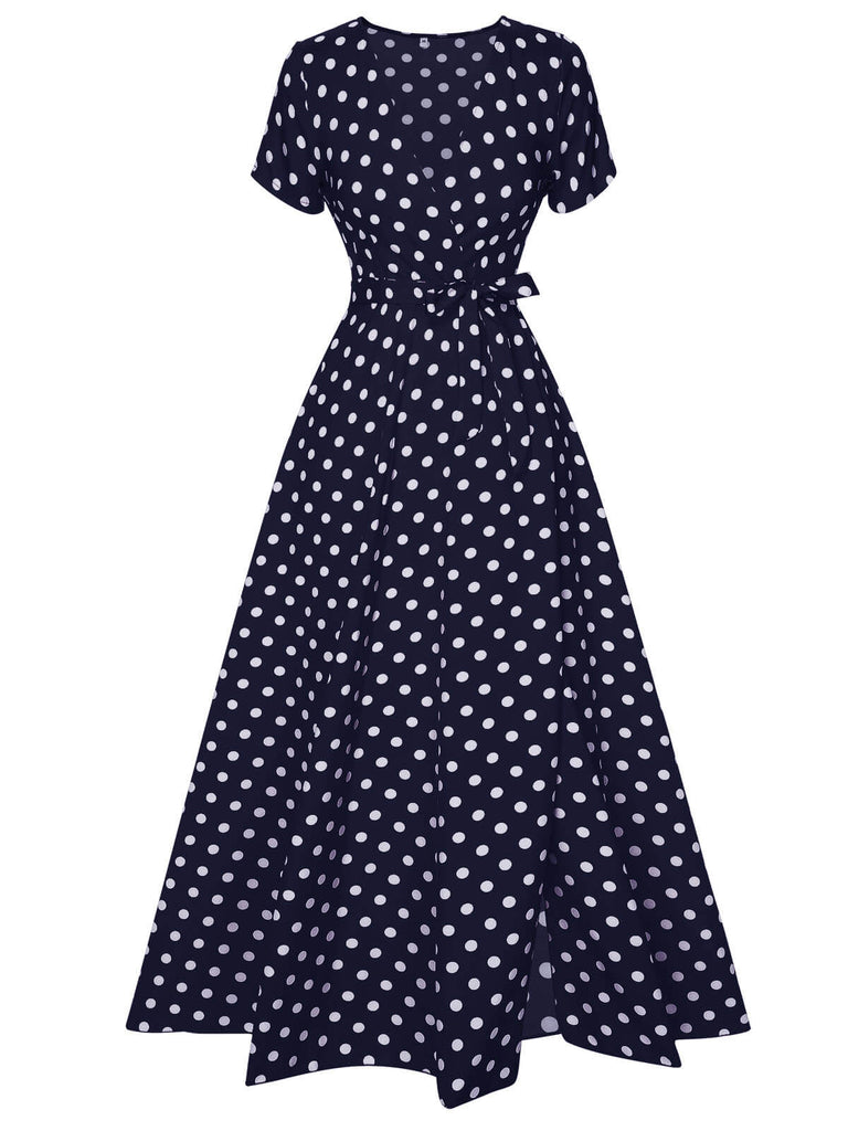 Robe à pois avec décolleté en V profond et fente latérale des années 1930