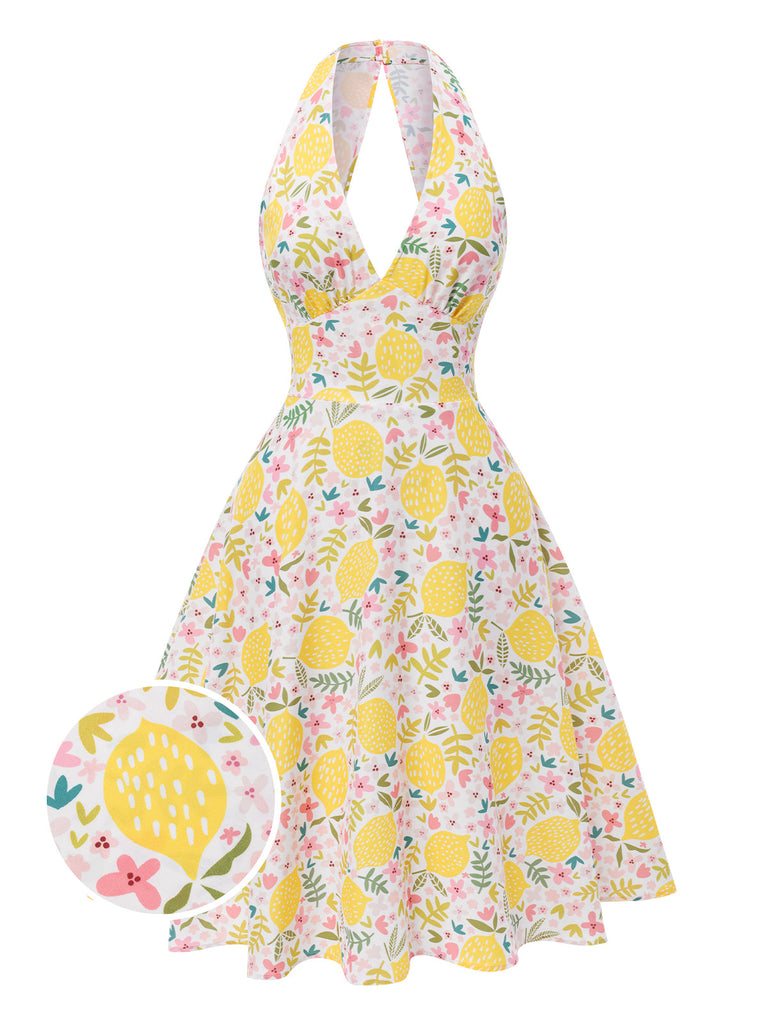 [Prévente] Robe jaune à col en V et motif fleurs des années 1950