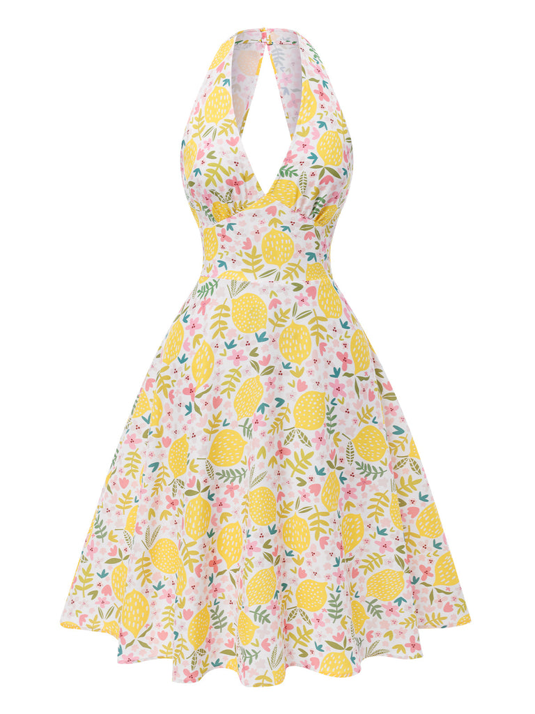 [Prévente] Robe jaune à col en V et motif fleurs des années 1950
