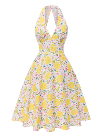 [Prévente] Robe jaune à col en V et motif fleurs des années 1950