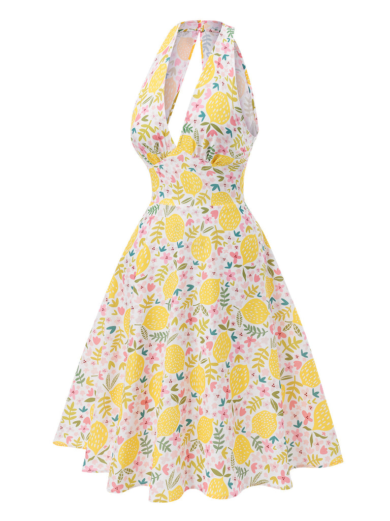 [Prévente] Robe jaune à col en V et motif fleurs des années 1950