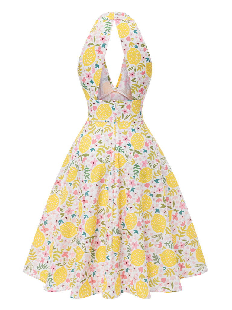 [Prévente] Robe jaune à col en V et motif fleurs des années 1950