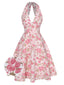 Robe rose à col en V et motif fleurs des années 1950