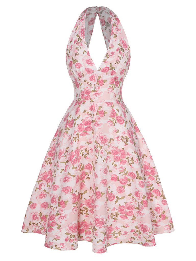 Robe rose à col en V et motif fleurs des années 1950