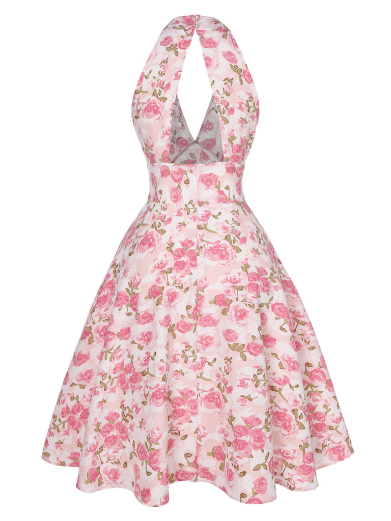 Robe rose à col en V et motif fleurs des années 1950