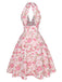 Robe rose à col en V et motif fleurs des années 1950