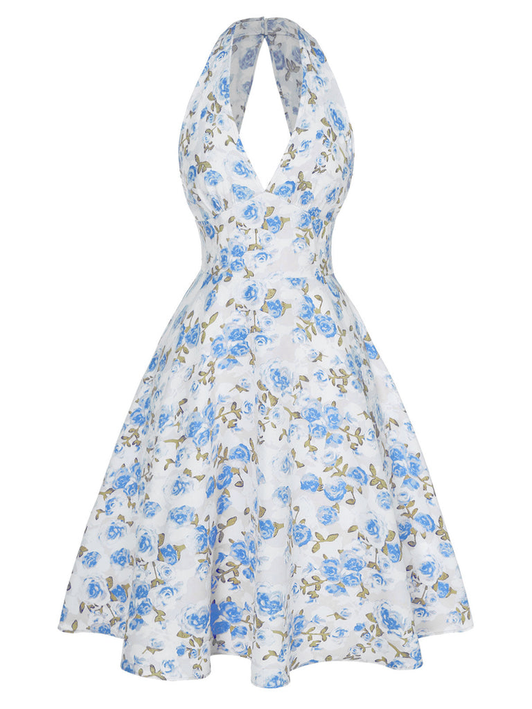 [Pré-vente] Robe bleu à col en V et motif fleurs des années 1950