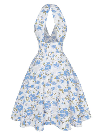 Robe bleu à col en V et motif fleurs des années 1950