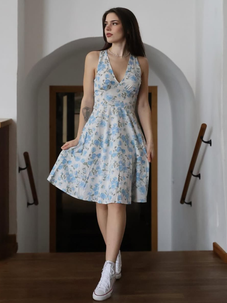 Robe bleu col en V motif fleurs années 1950