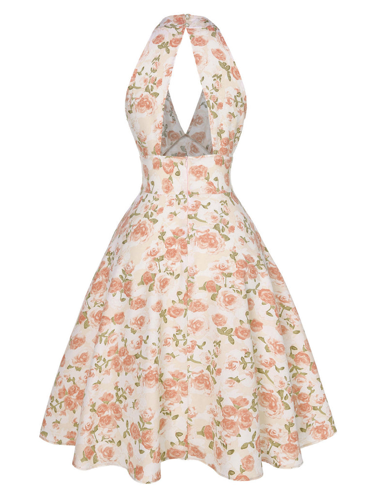 [Pré-vente] Robe orange à col en V et motif fleurs des années 1950