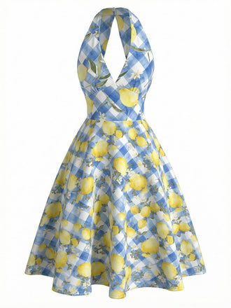 [Prévente] Robe Licou À Col V Imprimé Citrons Années 1950