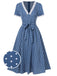 Robe ceinturée à pois bleu foncé à col en V des années 1930