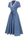 Robe ceinturée à pois bleu foncé à col en V des années 1930