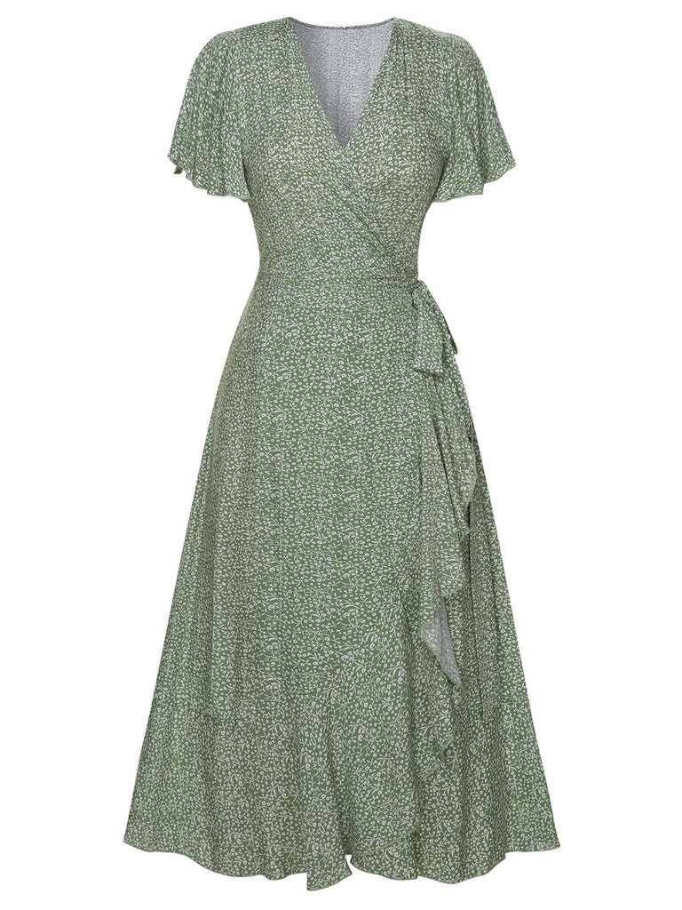 Robe verte à manches volantées et à petits motifs floraux des années 1940