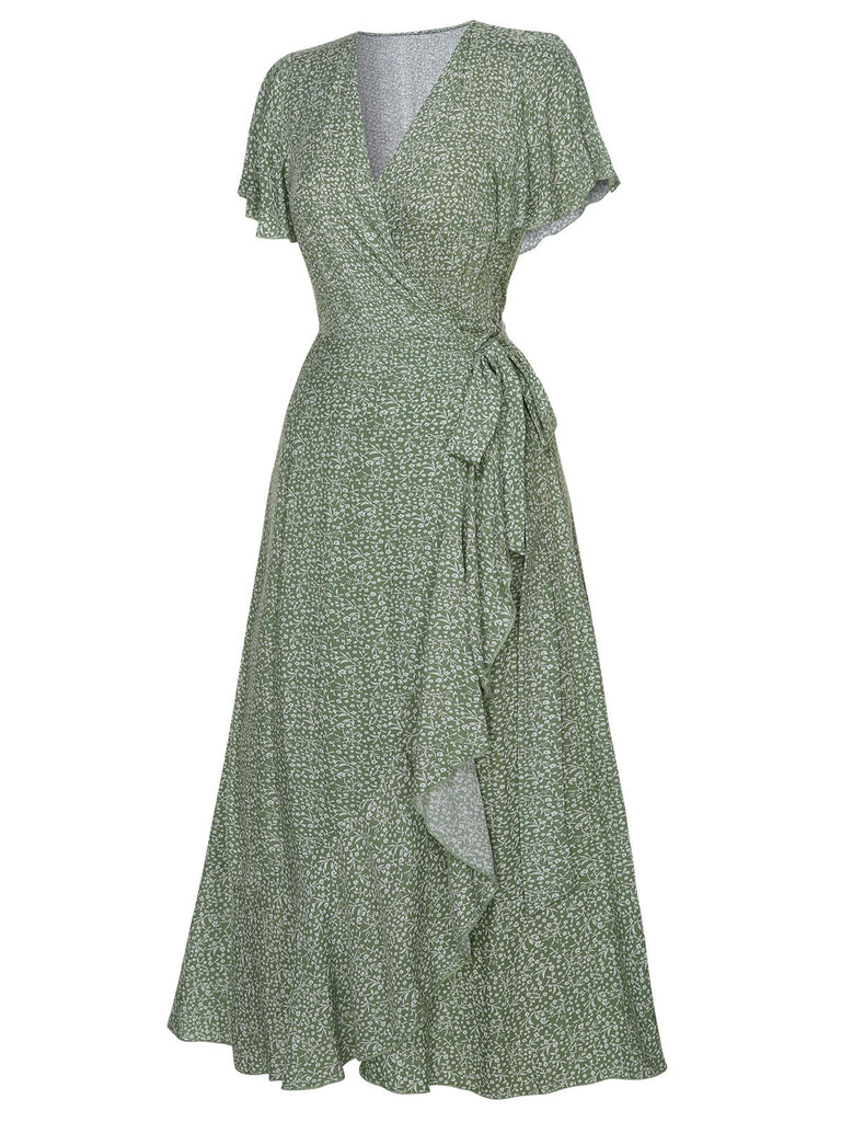 Robe verte à manches volantées et à petits motifs floraux des années 1940