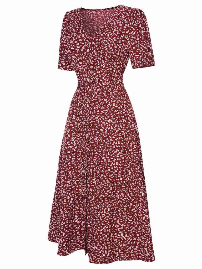 Robe à fleurs en V rouge vin des années 40 Vintage