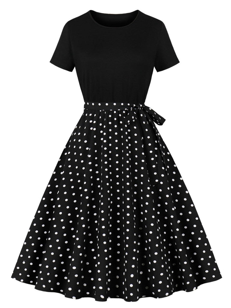 Robe trapèze noire à col ras du cou et patchwork des années 1950