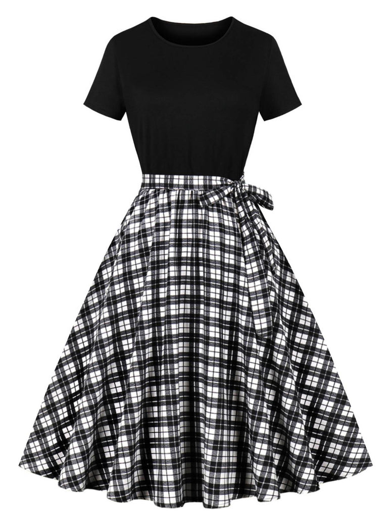 Robe trapèze noire à col ras du cou et patchwork des années 1950