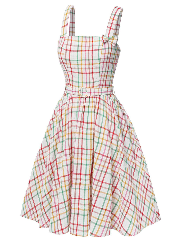 Robe à carreaux multicolore à larges bretelles et nœud des années 1950