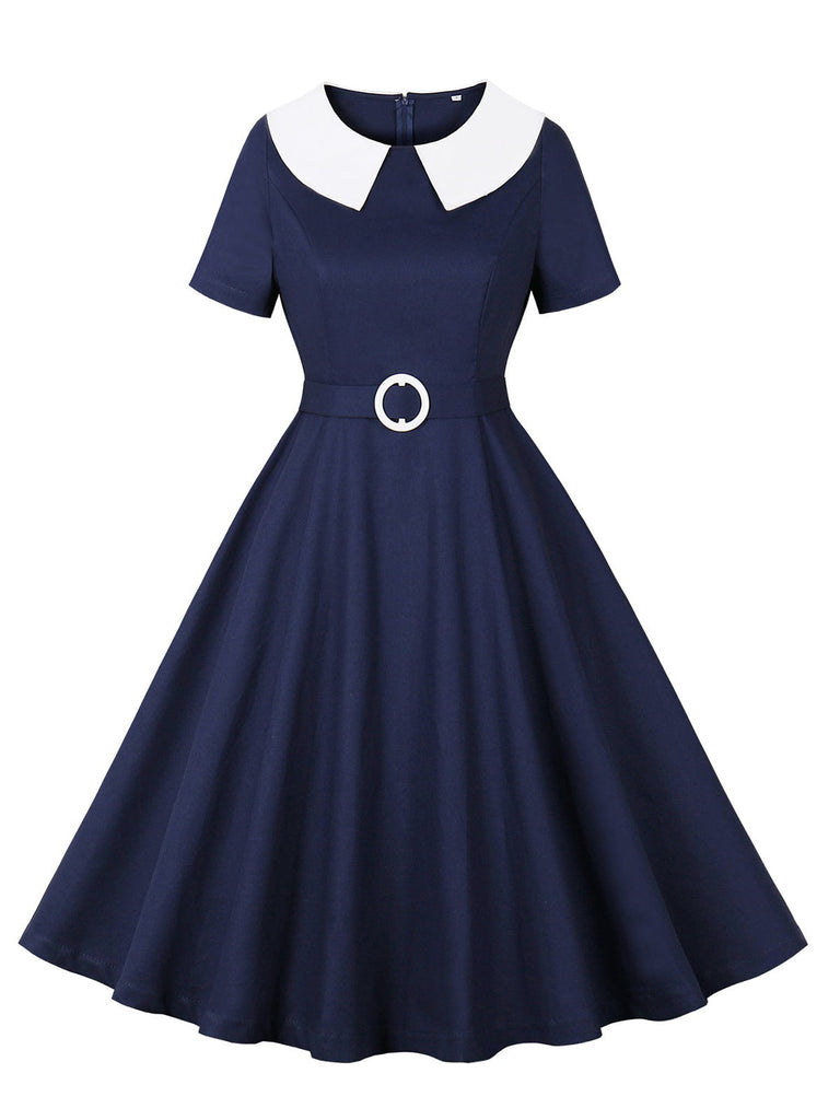 Robe unie bleu foncé à col Peter Pan des années 1950