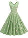 Robe trapèze verte à col en V et motif marguerites des années 1950