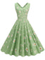 Robe trapèze verte à col en V et motif marguerites des années 1950