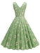 Robe trapèze verte à col en V et motif marguerites des années 1950