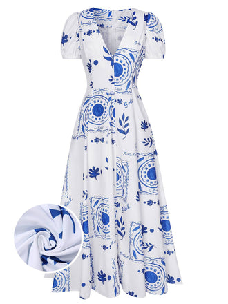 Robe à col en V profond et à motifs de plantes bleues et blanches des années 1930