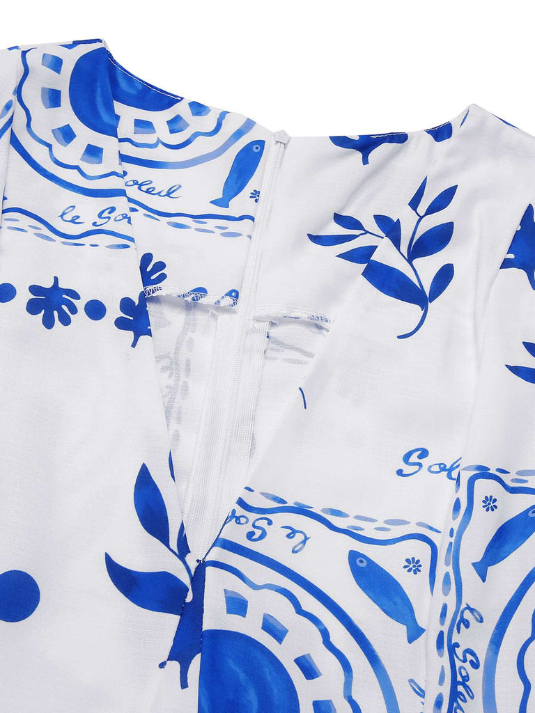 Robe à col en V profond et à motifs de plantes bleues et blanches des années 1930