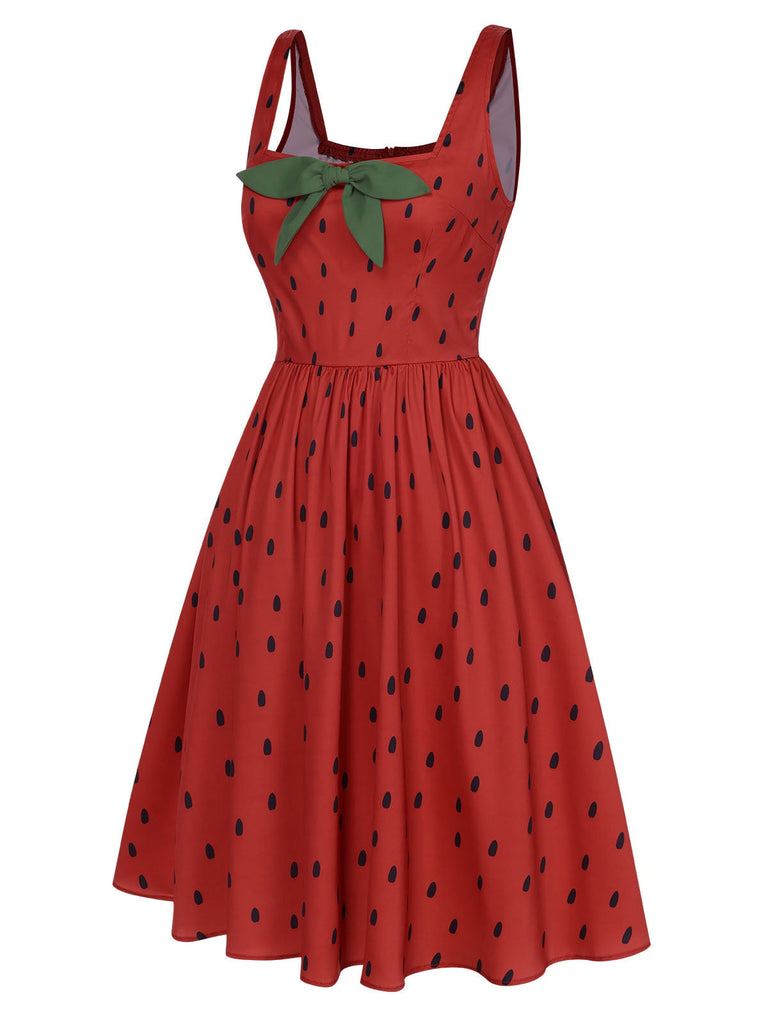 Robe rouge à bretelles en graines de fraise des années 50