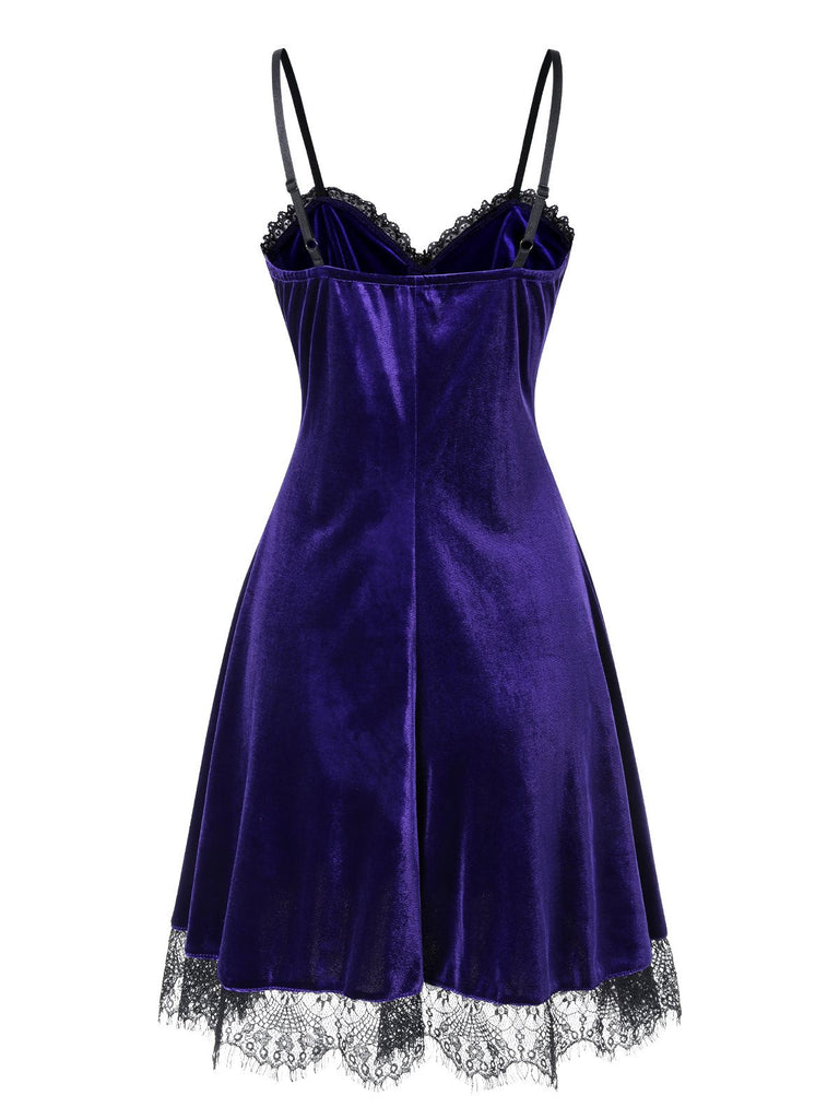 Robe en velours et dentelle à col en V violet vif des années 1980